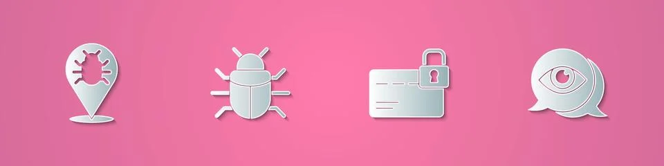 Set paper cut System bug, , Credit card with lock and Eye scan icon. Paper art Illustrazione stock