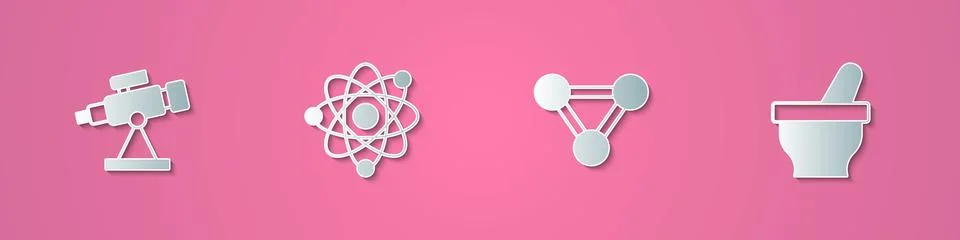 Set paper cut Telescope, Atom, Molecule and Mortar and pestle icon. Paper a.. Stock Illustration