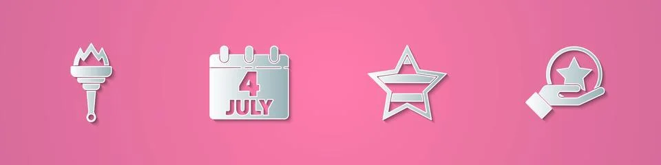 Set paper cut Torch flame, Calendar with date July 4, USA Independence day and Ilustración de archivo