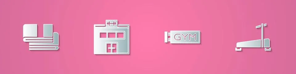 Set paper cut Towel stack, Gym building, Location gym and Treadmill machine icon Stock Illustration