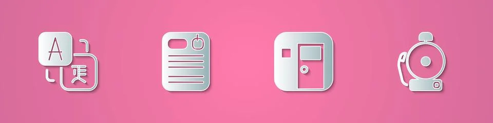 Set paper cut Translator, Dossier folder, School classroom and Ringing alarm  Illustrazione stock