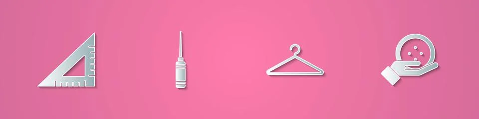 Set paper cut Triangular ruler, Awl tool, Hanger wardrobe and Sewing button i Illustrazione stock
