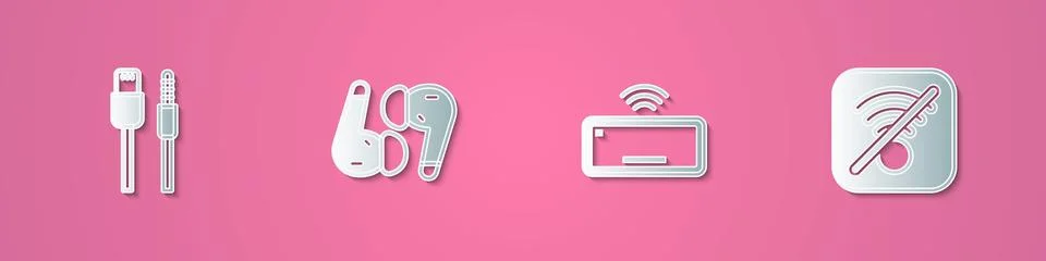 Set paper cut USB cable cord, Air headphones, Computer keyboard and No Wi-F.. Stock Illustration