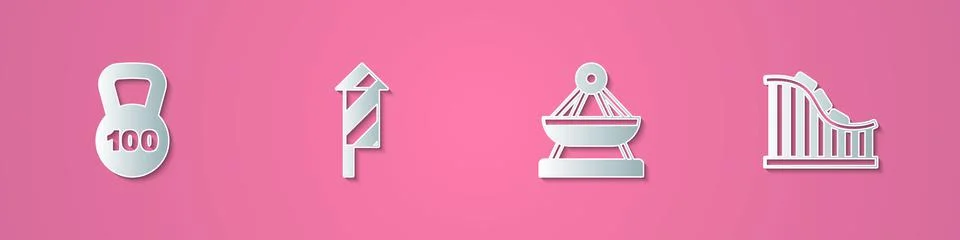 Set paper cut Weight, Firework rocket, Boat swing and Roller coaster icon. Paper Stock Illustration