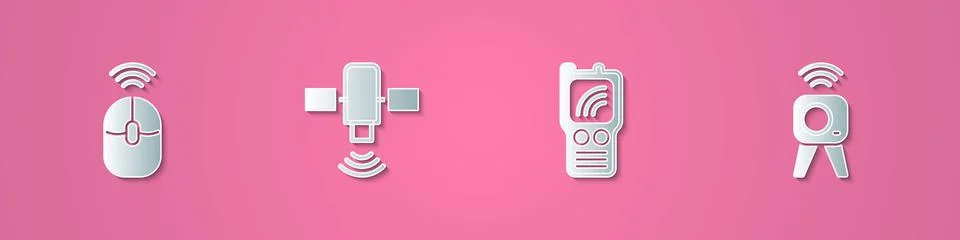 Set paper cut Wireless computer mouse, Satellite, Walkie talkie and Web camera Stock Illustration