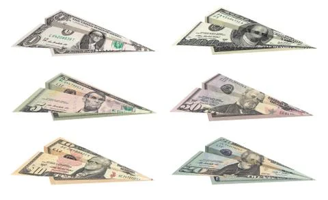 Set of paper dollar planes isolated on white background Stock Photos