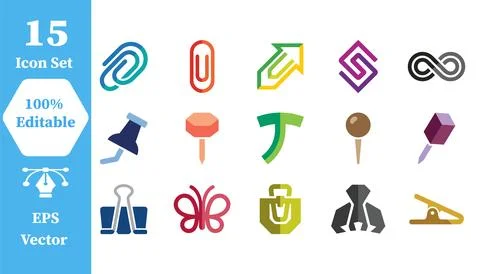 Set of paper fastener and attachment icons with paperclip fastener stationery Stock Illustration
