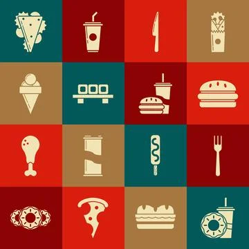 Set Paper glass with drinking straw and donut, Fork, Burger, Knife, Sushi Stock Illustration