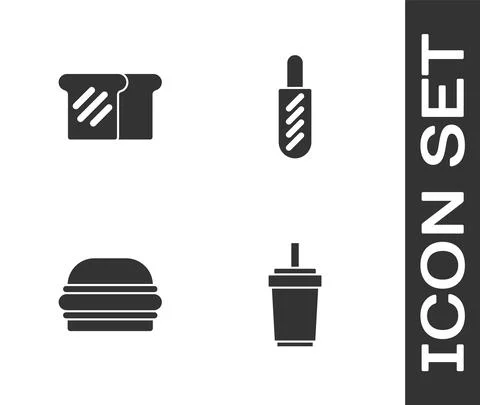 Set Paper glass with straw, Bread toast, Burger and Hotdog sandwich icon. Vector 스톡 일러스트