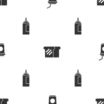 Set Paper glass with straw, Bread toast and Sauce bottle on seamless pattern 스톡 일러스트