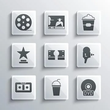 Set Paper glass with straw, CD or DVD disk, Retro cinema camera, Stacks paper 库存插图