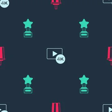 Set Paper glass with water, Screen tv 4k and Movie trophy on seamless pattern Stock Illustration