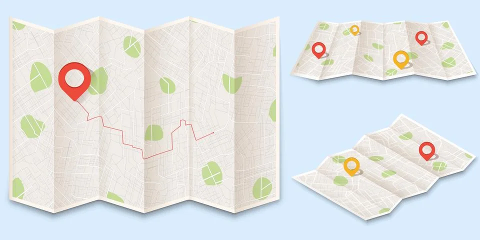 Set of Paper map with red points. Local street gps navigation. City route Stock-Illustration