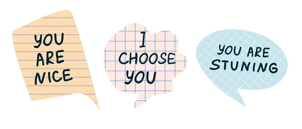 Set of paper of notebook speech bubble talks with compliments. Hand written Stock Illustration