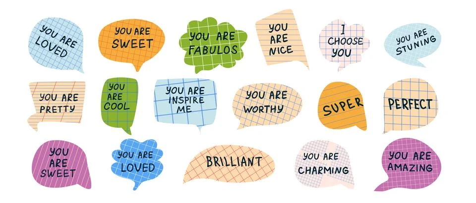Set of paper of notebook speech bubble talks with compliments. Hand written Stock Illustration