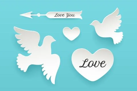 Set of paper objects, heart, pigeon, bird, arrow Stock Illustration