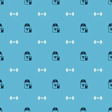 Set Paper package for milk and Dumbbell on seamless pattern. Vector Stock Illustration