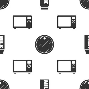 Set Paper package for milk, Cutting board and Microwave oven on seamless pattern Illustrazione stock