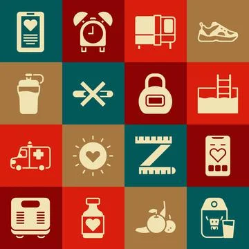 Set Paper package for milk, Mobile with heart rate, Swimming pool ladder, Bed Stock Illustration