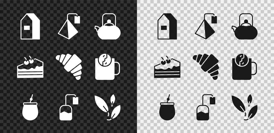 Set Paper package for milk, Tea bag, Kettle with handle, Mate tea, leaf, Piece Illustration