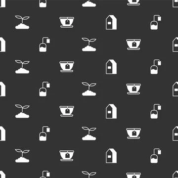 Set Paper package for milk, Tea bag, leaf and Cup with tea on seamless patt.. Stock Illustration