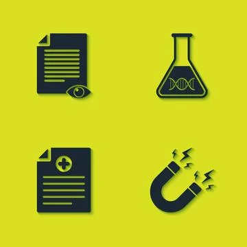 Set Paper page with eye, Magnet lightning, Clinical record and DNA research Stock Illustration