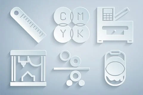 Set Paper roll of printing press, Copy machine, 3D printer, Paint bucket, CMYK Stock Illustration