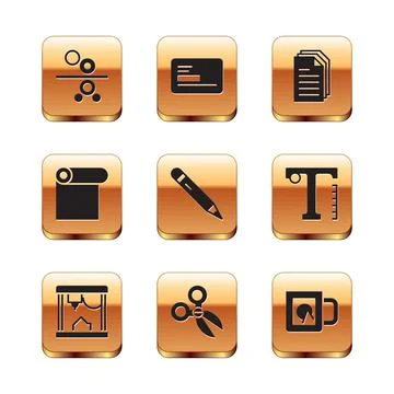 Set Paper roll of printing press, 3D printer, Scissors, Pencil with eraser, Roll Stock Illustration
