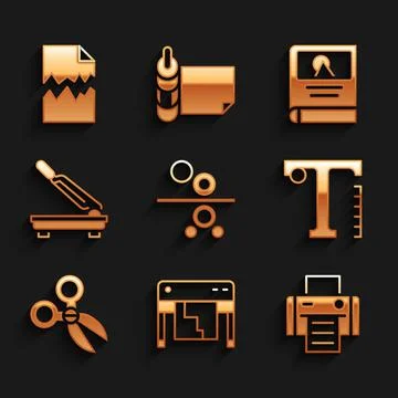Set Paper roll of printing press, Plotter, Printer, Text, Scissors, cutter Illustrazione stock