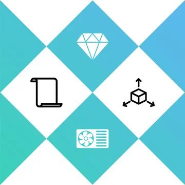 Set Paper scroll, Air conditioner, Diamond and Isometric cube icon. Vector Stock Illustration