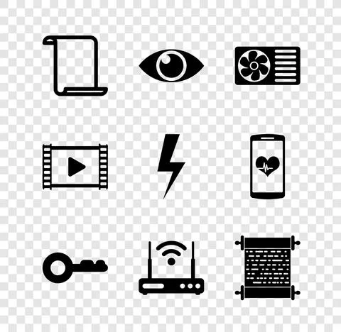 Set Paper scroll, Eye, Air conditioner, Key, Router and wi-fi and icon. Vector Stock Illustration