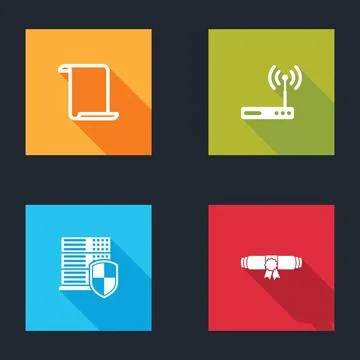 Set Paper scroll, Router and wi-fi, Server with shield and Diploma rolled icon Illustrazione stock