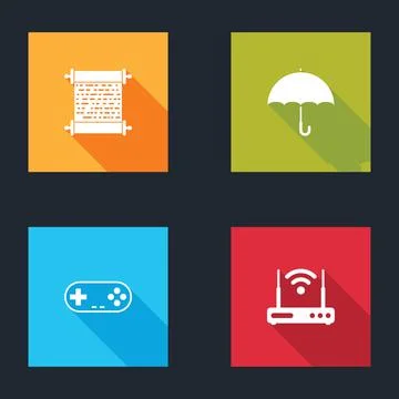 Set Paper scroll, Umbrella, Gamepad and Router and wi-fi icon. Vector Illustrazione stock