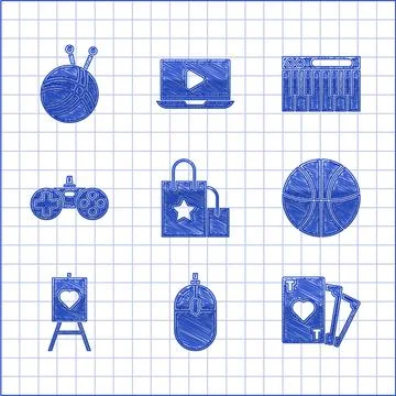 Set Paper shopping bag, Computer mouse, Playing card with heart symbol Stock Illustration