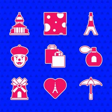 Set Paper shopping bag, Eiffel tower with heart, Umbrella for beach, Perfume Ilustración de archivo