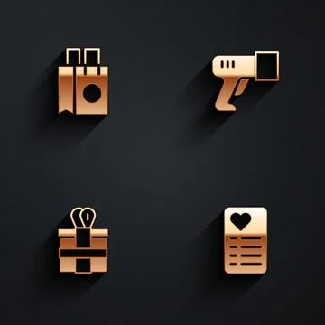 Set Paper shopping bag, Scanner scanning bar code, Gift box and Shopping list イラスト素材