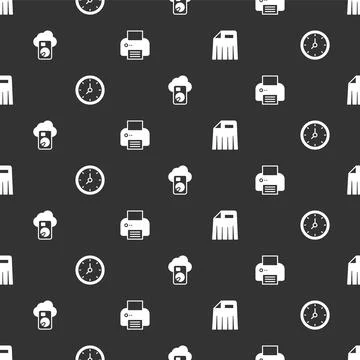 Set Paper shredder, Clock, Cloud database and Printer on seamless pattern Illustrazione stock