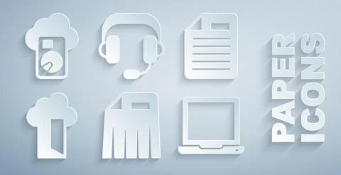 Set Paper shredder, File document, Cloud database, Laptop, Headphones and icon Stock Illustration