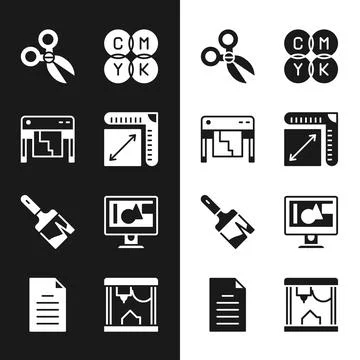 Set Paper size, Plotter, Scissors, CMYK color mixing, Paint brush, Computer Ilustración de archivo