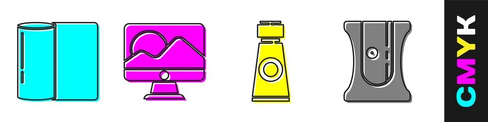 Set Paper towel roll, Computer monitor screen, Tube with paint palette and Illustrazione stock