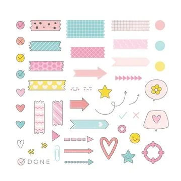 Set of paper washi tapes, pointers, cute elements for planner, notebook. Ilustración de archivo