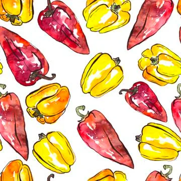 Set of paprika peppers paint pattern with watercolors on white background. il Stock Illustration