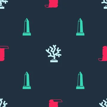 Set Papyrus scroll, Coral and Obelisk of Alexandria on seamless pattern. Vect Illustrazione stock