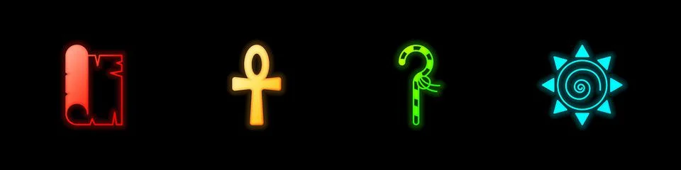 Set Papyrus scroll, Cross ankh, Crook and Sun icon. Vector Stock Illustration