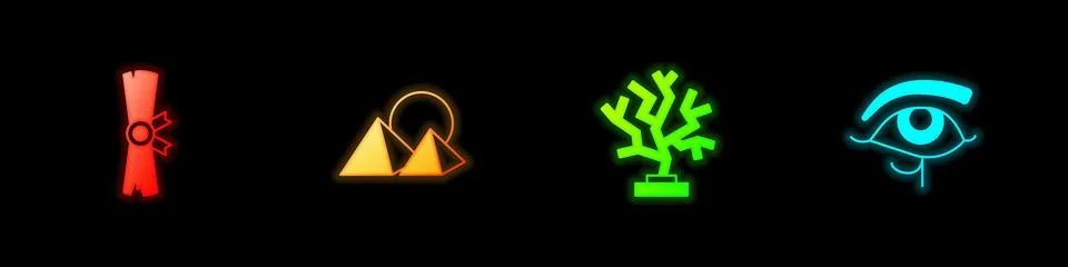 Set Papyrus scroll, Egypt pyramids, Coral and Eye of Horus icon. Vector Illustrazione stock