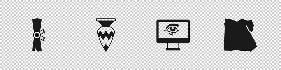 Set Papyrus scroll, Egyptian vase, Eye of Horus on monitor and Map icon. Vect Illustrazione stock