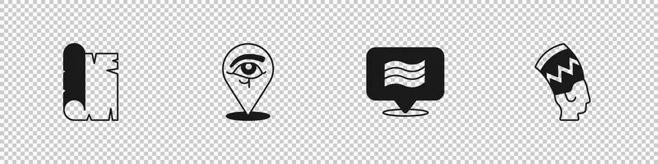 Set Papyrus scroll, Eye of Horus, Flag Of Egypt and Nefertiti icon. Vector Illustrazione stock