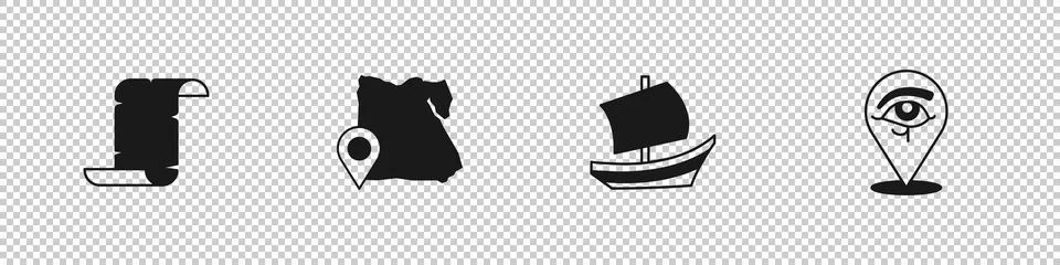 Set Papyrus scroll, Map of Egypt, Egyptian ship and Eye Horus icon. Vector Stock Illustration