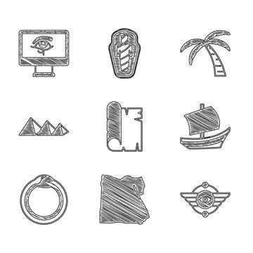 Set Papyrus scroll, Map of Egypt, Egyptian symbol Winged sun, ship, Magic Stock Illustration