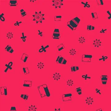 Set Papyrus scroll, Sun, Cross ankh and Egyptian vase on seamless pattern Stock Illustration